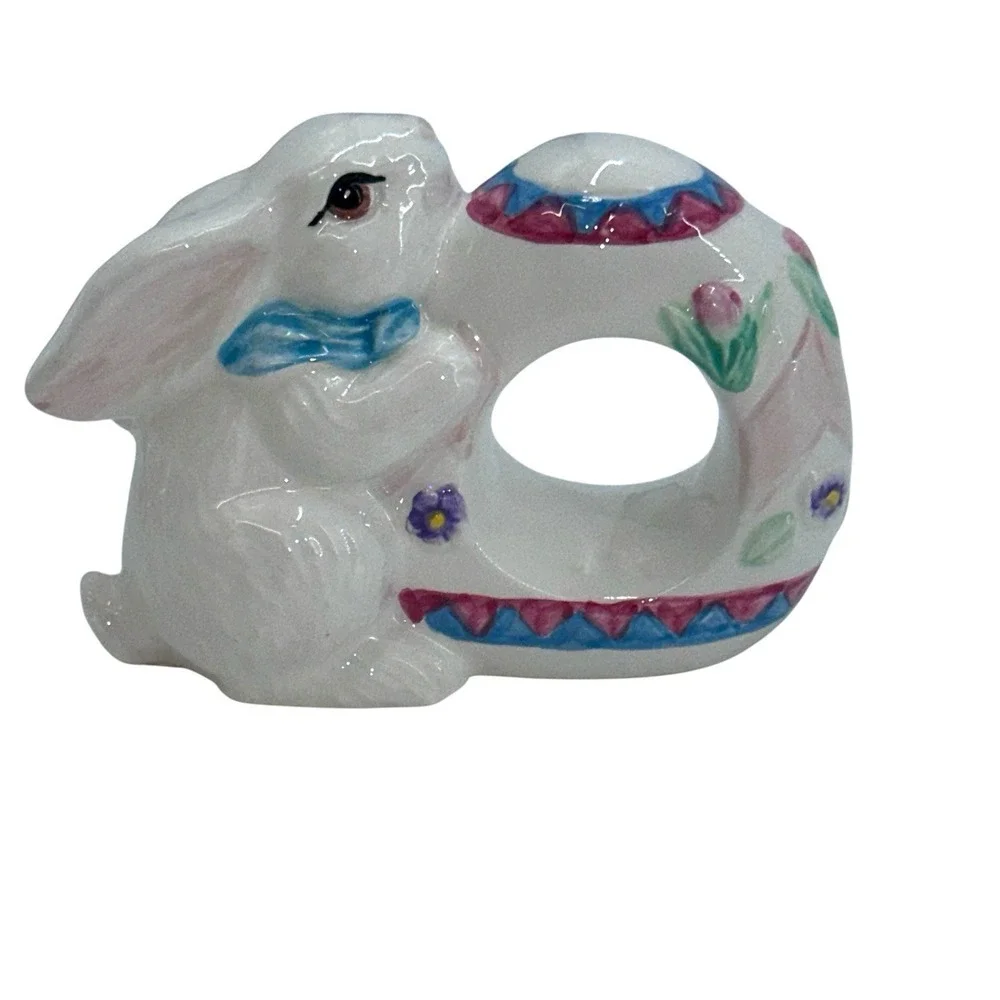 Vintage Ceramic Napkin Rings Bunny Rabbit‎ Figurine Set Of 4 White